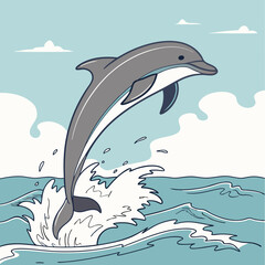 Cartoon Dolphin Leaping from Ocean Waves Under a Cloudy Sky