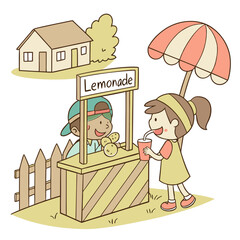 Cartoon Illustration of Children at a Lemonade Stand on a Sunny Day