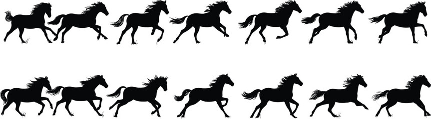 Running horse silhouettes, galloping horse vector, black horse movement design, wild horse icon set, equine motion illustration, animal silhouette graphic flat vector illustration