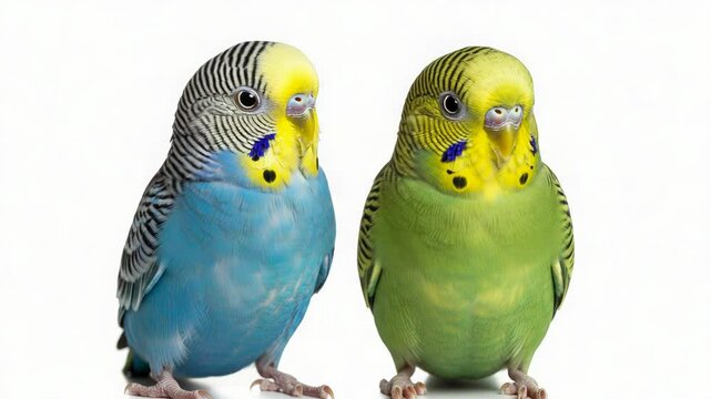 Two Colorful Parakeets Blue and Green Plumage on White Background in Studio Setting