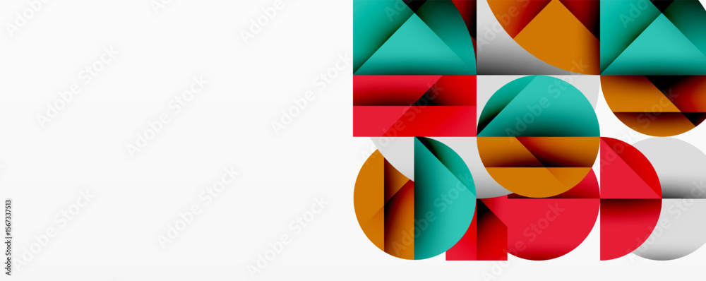 Poster Abstract geometric composition. Shapes overlap, creating colorful patterns. Minimalist design with white space. Modern aesthetic.