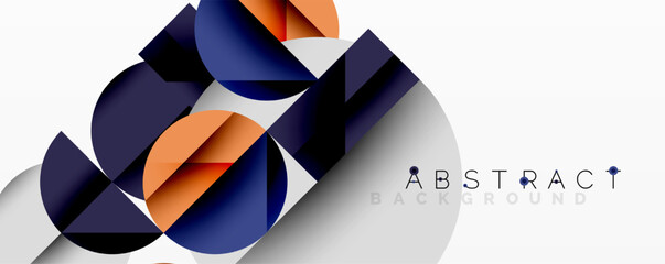 Geometric shapes overlap, creating modern design. Blue, orange, gray tones dominate composition. Minimalist aesthetic, clean lines present.