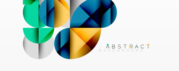 Modern design features overlapping colorful shapes. Geometric elements create dynamic visual effect on white background.