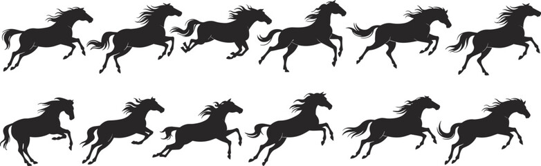 Silhouette sequence of galloping horse, running horse motion illustration, wild horse animation steps, black horse vector, animal movement pose reference flat vector illustration