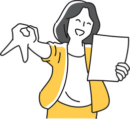 書類を片手にピースする笑顔の女性