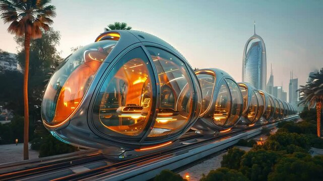 Futuristic high-speed pod train in a modern city with glowing interior footage