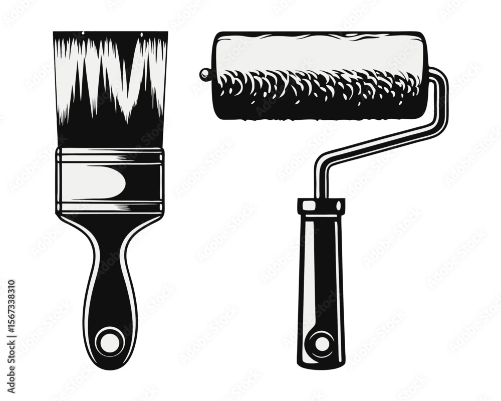 Fototapete collection of artistic tools including a paint brush roller and palette rendered in a clean modern g