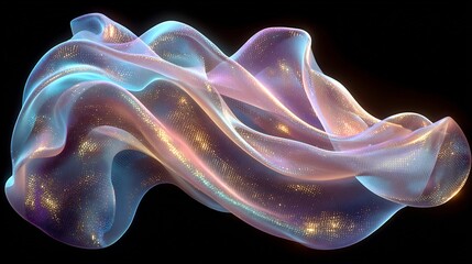 Abstract iridescent fabric, digital art, glowing particles, 3D render, swirling, flowing, elegant, ethereal, cosmic, fantasy, magical, shiny, glittering, luxurious, dreamy, 