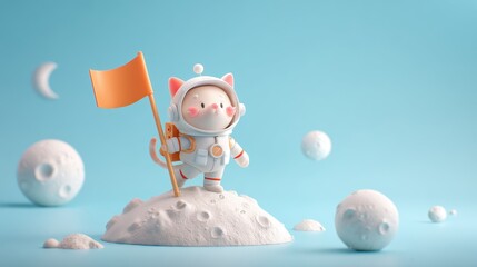 Cute Cartoon Astronaut Cat Holding Flag on the Moon in 3D Illustration.