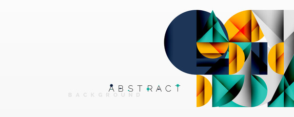 Geometric shapes overlap, creating vibrant abstract composition. Modern design features bold colors, clean lines. Minimalist aesthetic.