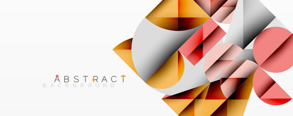 Geometric shapes overlap, creating dynamic abstract composition. Warm colors contrast cool tones on white background. Modern design element.