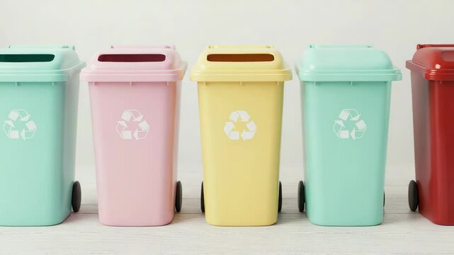 Row of Pastel Colored Recycle Bins with White Logos Against Clean White Background in Bright Studio Lighting