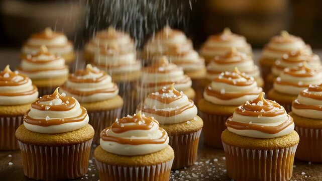 Rows of Cupcakes Topped with Creamy Frosting and Caramel Drizzle with White Sugar Sprinkle on Dark Wooden Surface