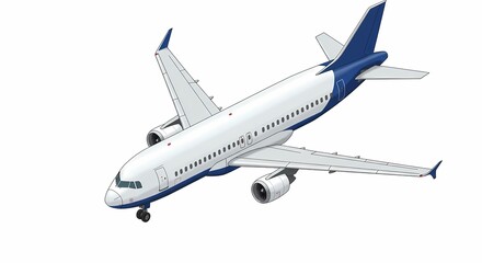White and Blue Airplane Flying on White Background Isometric Design