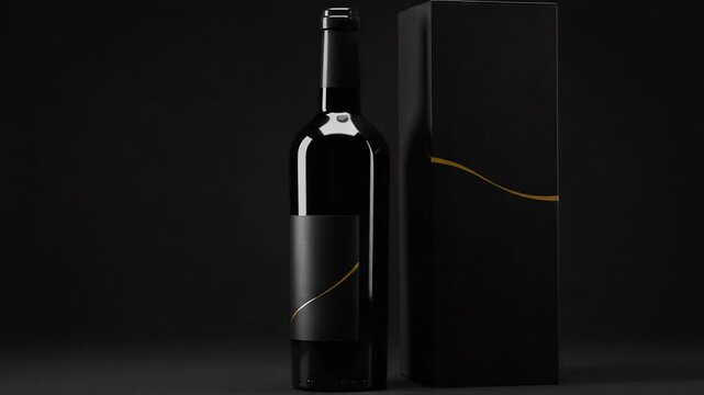Sophisticated Black Wine Bottle and Package with Gold Accent on Dark Background For Adobe Stock Photo