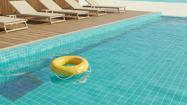 Serene Turquoise Pool with Floating Yellow Life Preserver and Tan Lounge Chairs on Deck