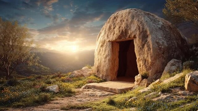 Empty Tomb at Sunrise:  A majestic stone tomb, open and empty, sits atop a hill overlooking a breathtaking sunrise. The scene is imbued with a sense of peace, hope, and spiritual significance.