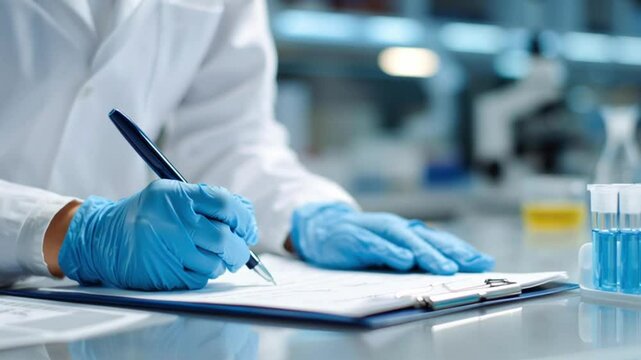 A scientist meticulously documents findings, the sterile environment of the lab and focusing on detail. Capturing the pursuit of scientific understanding.