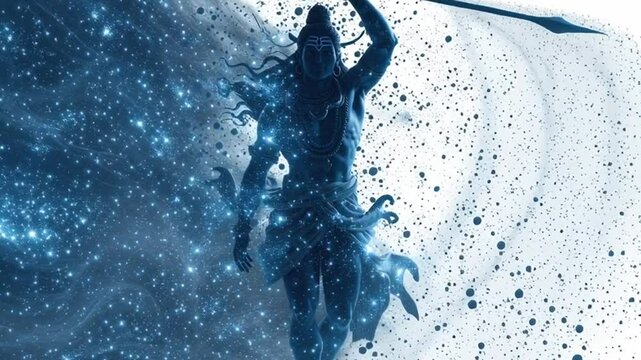 Lord Shiva Cosmic Dance: A powerful depiction of Lord Shiva, the Hindu deity, performing his cosmic dance amidst a swirling nebula of stars and cosmic energy, wielding his trident.  