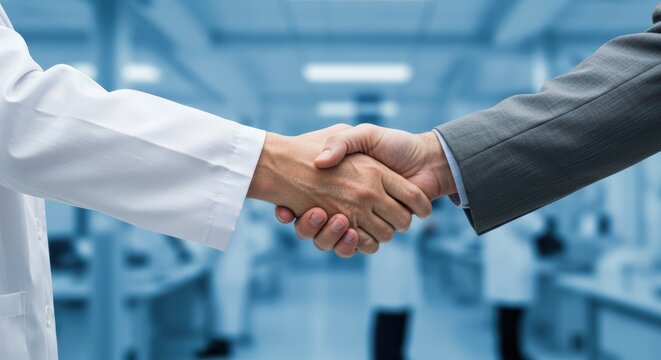 Doctor and businessman handshake symbolizes partnership in healthcare and medical research collaboration, a sign of agreement and cooperation