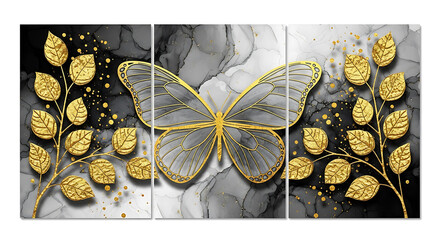 Elegant wall art featuring golden butterfly and leaves on abstract black and white background