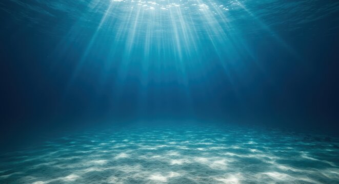 Tranquil underwater scene displaying sun rays penetrating the deep blue ocean waters and illuminating the sandy seabed