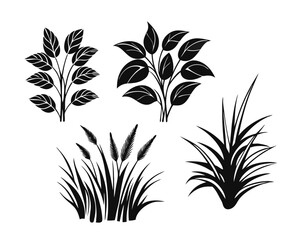 Collection of diverse botanical elements featuring various bush grass shrub and herb silhouettes in a striking graphic design format for creative projects
