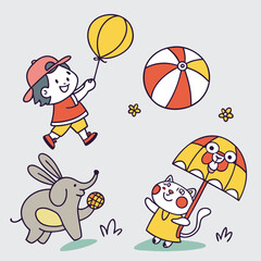 Fototapeta premium Colorful cartoon characters playing with balloon and umbrella