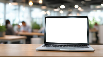 Laptop blank white screen sit open on  desktop, isolate against  clean background.