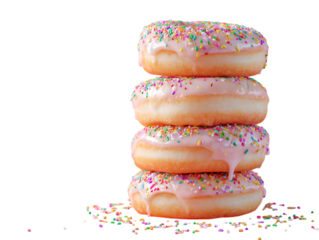 Stack of Glazed Donuts with Sprinkles on Pink Background on white background (