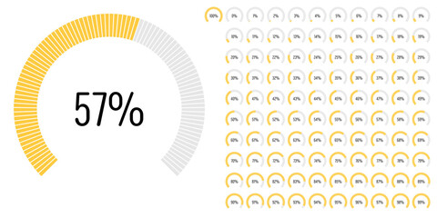 Set of circular sector arc percentage diagrams meters progress bar from 0 to 100 ready-to-use for web design, user interface UI or infographic - indicator with yellow