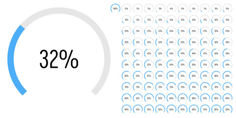Set of circular sector arc percentage diagrams meters progress bar from 0 to 100 ready-to-use for web design, user interface UI or infographic - indicator with blue