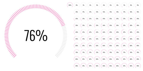 Set of circular sector arc percentage diagrams meters progress bar from 0 to 100 ready-to-use for web design, user interface UI or infographic - indicator with pink