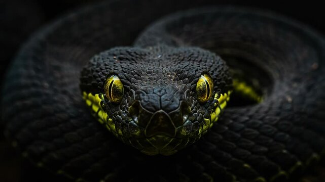 Striking Portrait of Venomous Black Palm Viper with Intense Yellow Eyes and Forked Tongue Close Up