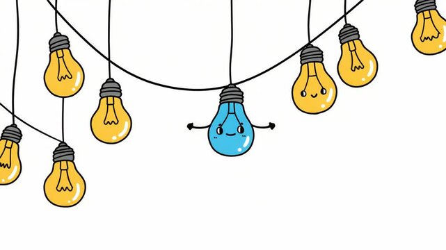 String Of Yellow Lightbulbs with Single Blue Bulb with a Face on a Plain White Background