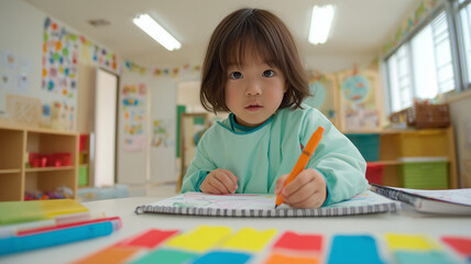 幼児の日本人女児が教室で書く