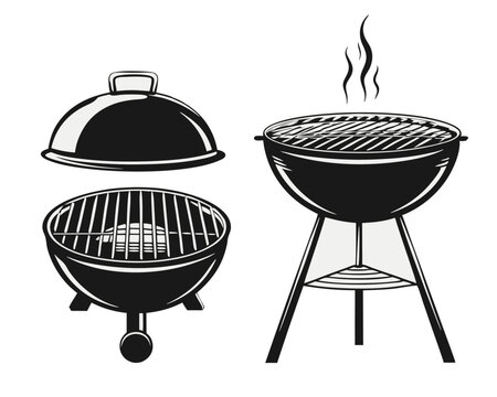 A collection of stylized grilling and barbecue themed graphics featuring lattice patterns and classic cooking utensils for outdoor culinary events