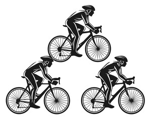 Obraz premium Collection of stylized human figures engaged in cycling activities showcasing dynamic motion and athletic pursuits in a graphic design format with bold outlines and vibrant color accents