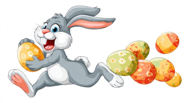 Cartoon Easter bunny throwing Easter egg hand grenades