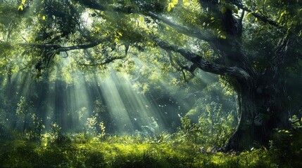 Lush forest bathed in sunlight