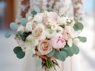 Close-up of bridal bouquet with roses and peonies