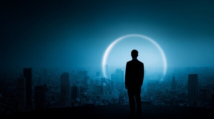 Fototapeta premium Silhouette of a man in a suit facing a sprawling cityscape with towering high-rise buildings, illuminated by a glowing circular light formation in the sky, casting a soft blue hue, creating a moody