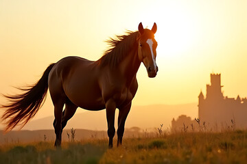 Obraz premium Regal brown horse with flowing mane posing on grassy plains with distant castle silhouette, sunlight creating dynamic contrast