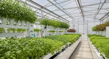 Lush Greenery in Modern Hydroponic Greenhouse with Varieties of Herbs and Leafy Vegetables