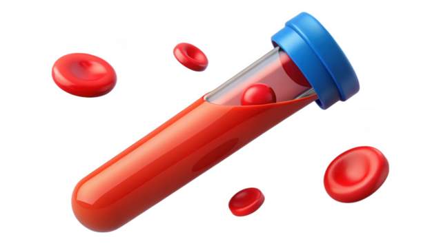 Stylized illustration of blood sample in a test tube with floating red blood cells