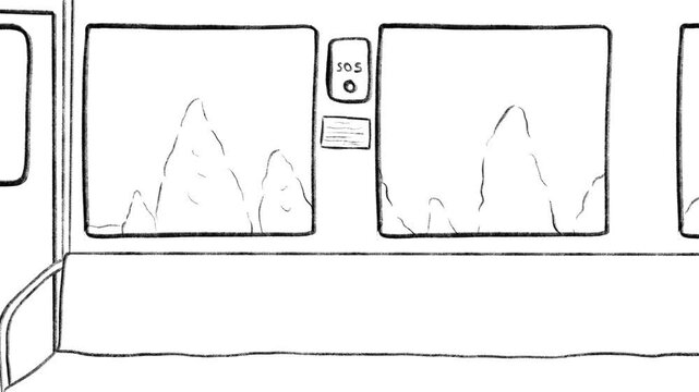 Train interior with mountain and building view loop line art doodle animation.