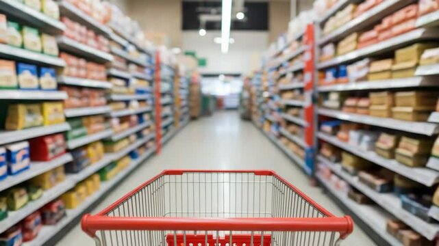 Supermarket Aisle View With Shopping Cart And Many Grocery Products Stacked On Shelves Under Fluorescent Lighting