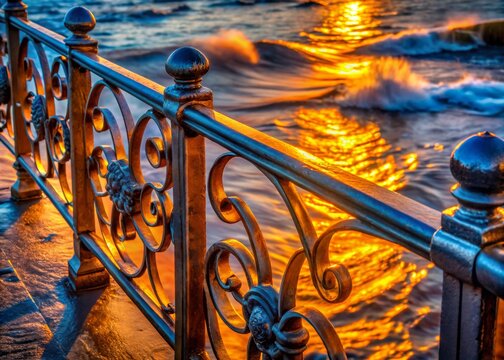Ornate Railing Overlooking Sunset Ocean Waves
