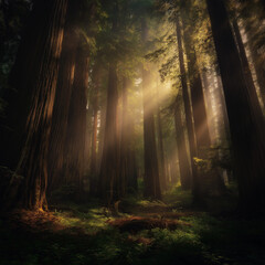 Misty forest of towering red-barked trees with sunbeams piercing through ancient canopy, conveying primordial serenity.