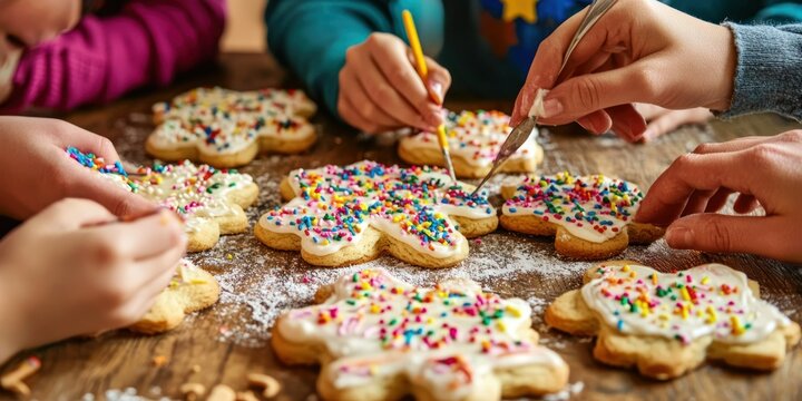 A group of friends decorating sugar cookies with frosting and sprinkles